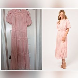 NWT adelyn rae Midi Dress Medium Pink White Swiss Dot Hearts Embroidered…
